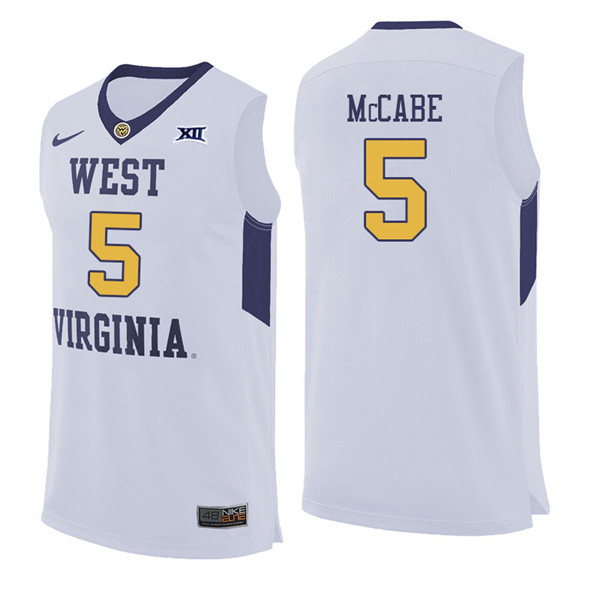 Men #5 Jordan McCabe West Virginia Mountaineers College Basketball Jerseys Sale-White